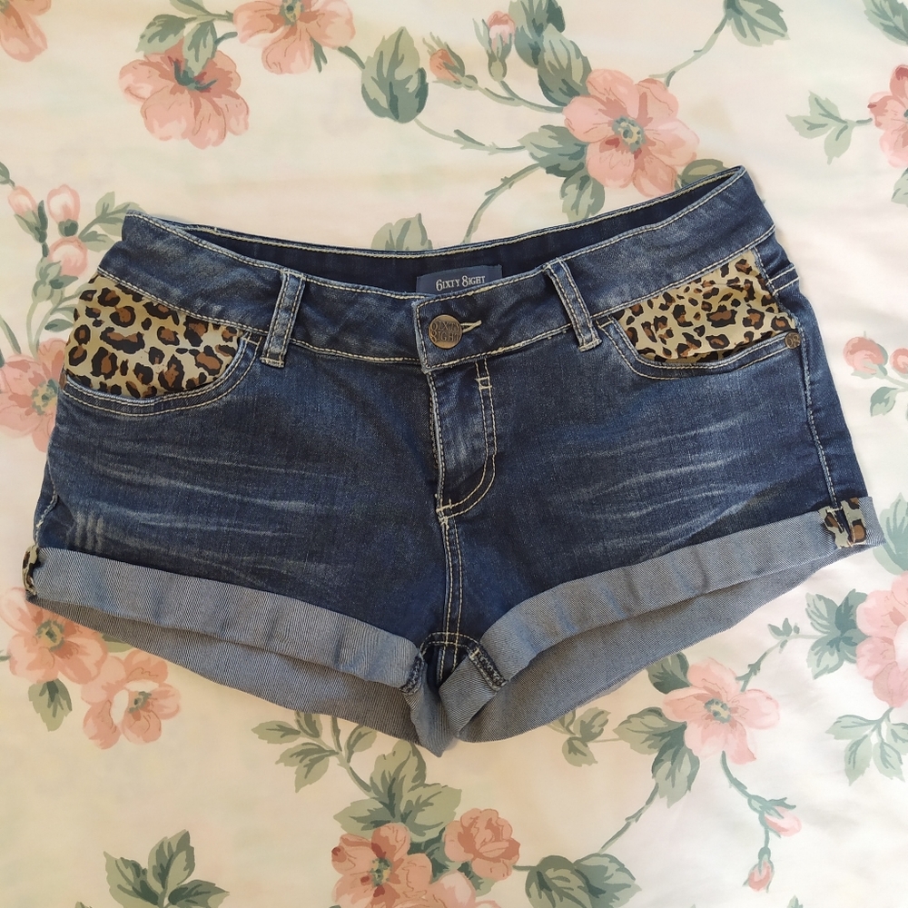 Denim Jean Shorts Leopard Trim Animal Print